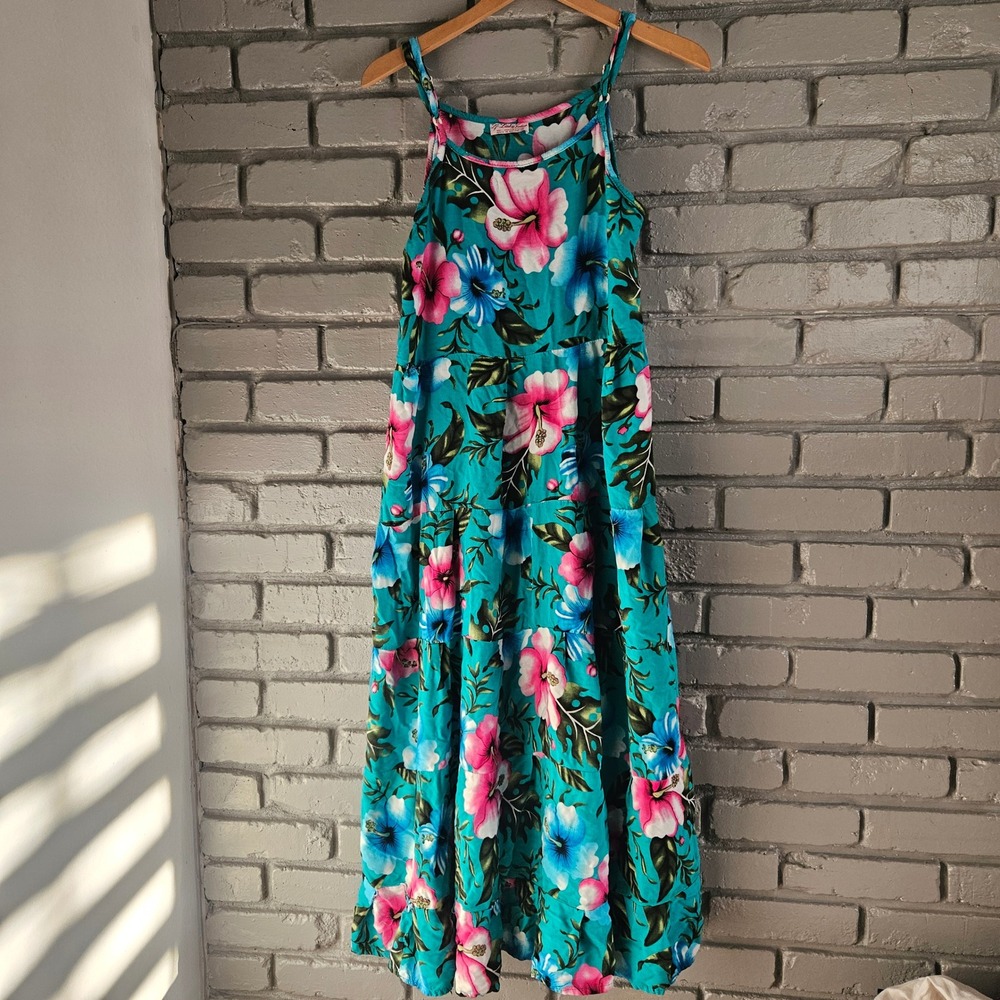 Lady Fashion‎ Tropical Hibiscus Floral Tiered Maxi Dress Teal Pink Blue Viscose